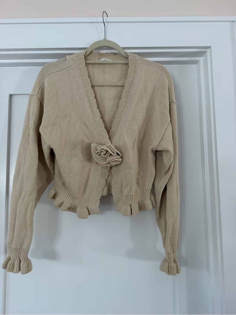 Tularosa Cream Ruffle-Trim Knit Cardigan with Front Rosette